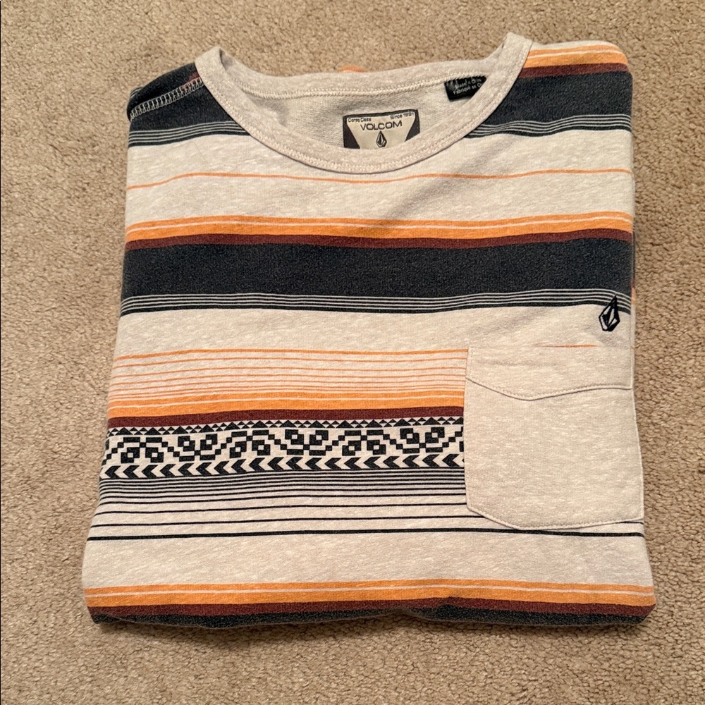 Volcom Men's Crewneck Long Sleeve Tee - Gray and Orange Stripes